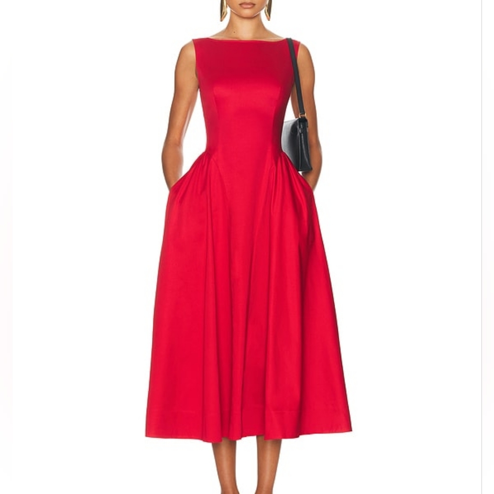 Helsa Stretch Cotton Sateen Midi Dress in Red